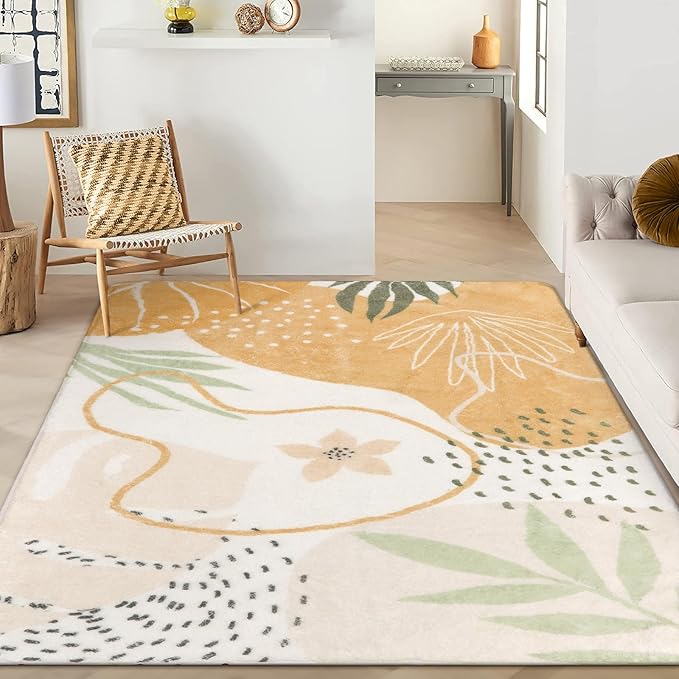 Lahome Boho Washable Rug 6x9 Living Room Carpet Non-Slip Ultra-Thin Large Rug Lightweight Throw Area Rug for Dining Room, Taupe Botanical Print Soft Indoor Rug for Classroom Nursery Bedroom Farmhouse