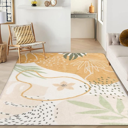 Lahome Boho Washable Rug 6x9 Living Room Carpet Non-Slip Ultra-Thin Large Rug Lightweight Throw Area Rug for Dining Room, Taupe Botanical Print Soft Indoor Rug for Classroom Nursery Bedroom Farmhouse