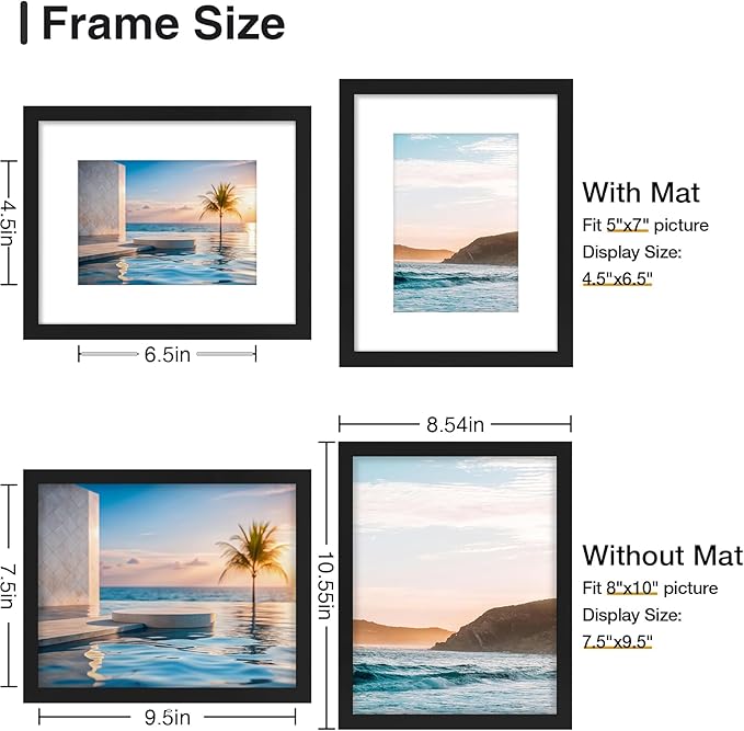 Vittanly 8x10 Picture Frames Set of 2, Display Photo 5x7 with Mat or 8x10 without Mat, Picture Frame for Wall Mount or Tabletop Display, Black