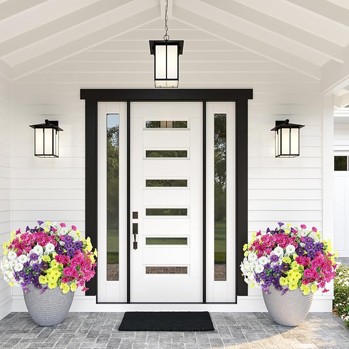 12PCS Artificial Flowers for Outdoor Decorations, Realistic Faux Silk Petunia Flowers for Outside, Fake Plants Morning Glory with Eucalyptus Porch Patio Planters Window Boxes Decor