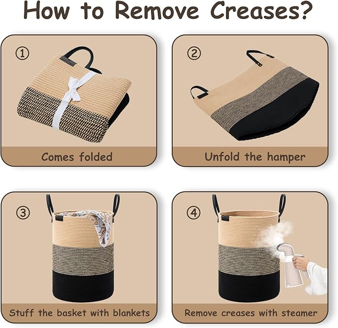 VIPOSCO Tall Laundry Basket, Large Dirty Clothes Hamper with Leather Handle, Woven Rope Storage Basket for Blanket, Toy In Living Room, Bathroom, Bedroom - 100L Brown & Black