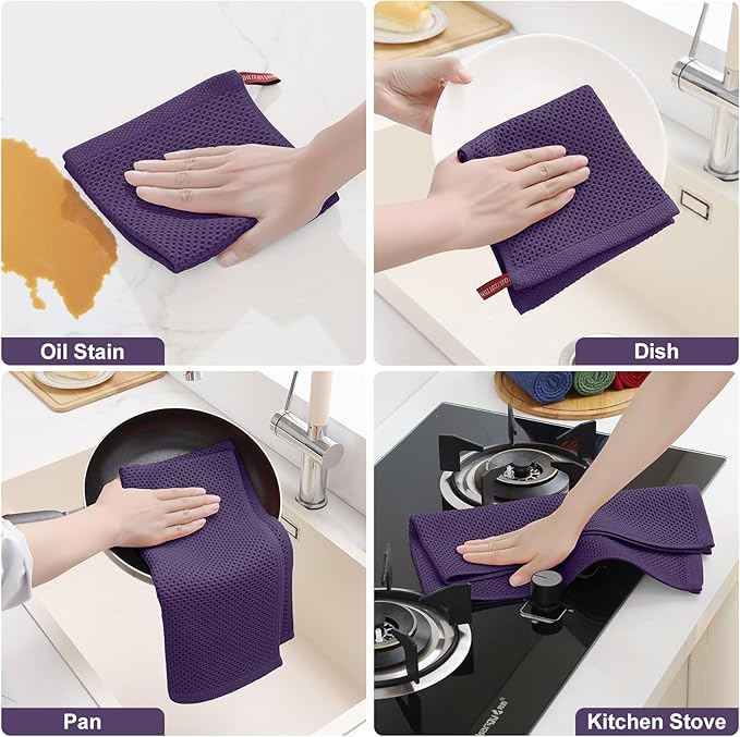Homaxy 100% Cotton Kitchen Towels and Dishcloths Set, 12 x 12 Inches and 13 x 28 Inches, Set of 12 Bulk Kitchen Towels Set, Ultra Soft Absorbent Dish Cloths for Washing Dishes, Eggplant
