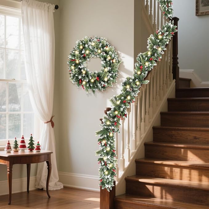 9ft Christmas Garland with Lights,Lighted Artificial Flowering Pine Garland for Mantle,Prelit Faux Green Christmas Winter Garland with Pine Cones and Red Berry for Indoor Outdoor Decor