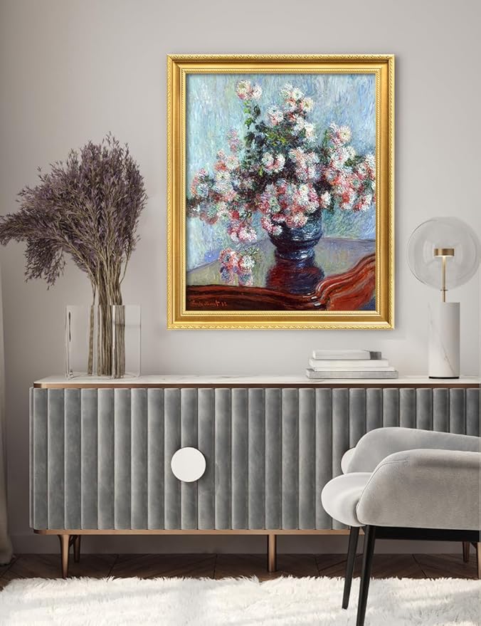DECORARTS - Claude Monet Chrysanthemums 1882 Giclee Print with Gold Solid Wood Frame, Impressionist Large Framed Wall Art, Ready to Hang, Framed Size 28.75x34.75, Made in USA