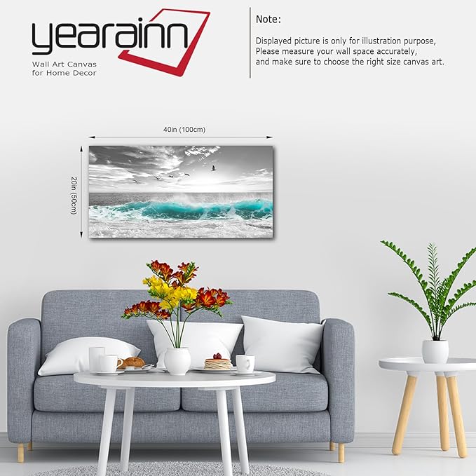 Large Ocean Canvas Wall Art for Living Room Wall Decor Teal Sea Wave Canvas Prints Artwork Seagull Birds Canvas Pictures for Bedroom Home Office Wall Decorations Ready to Hang 20" X 40"