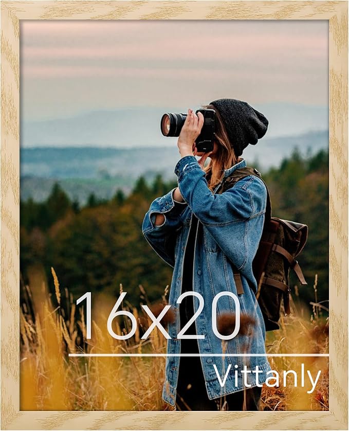 Vittanly 16x20 Picture Frame for Wall, Plexiglass, Displays Poster 11x14 with Mat or 16x20 without Mat, PVC Frame Material, Horizontal or Vertical Hanging, 1 Pack, Natural
