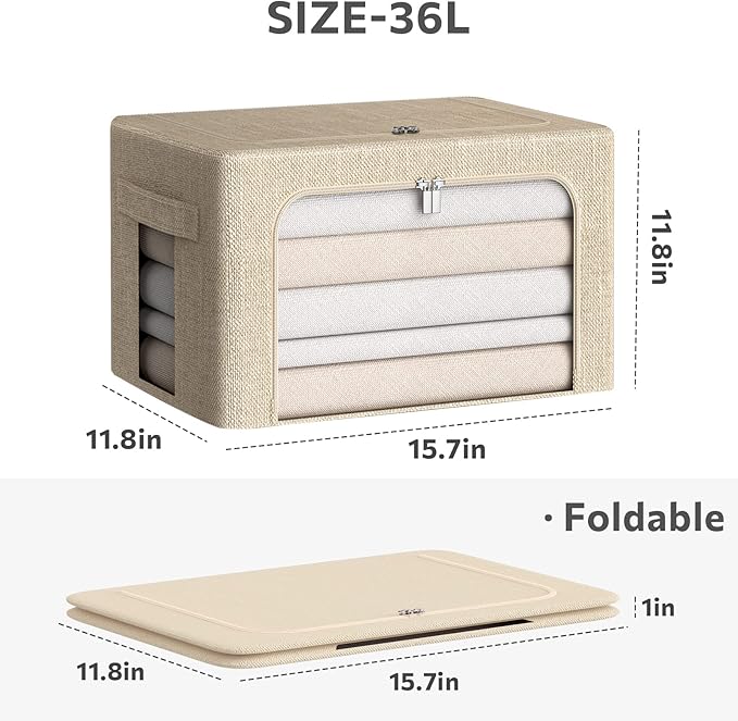 3Pack Foldable Storage Bins - Frame Storage Box Linen Fabric Stackable Clothes Container Organizer with Clear Window & Carry Handles Large Capacity (Medium-36L, Beige)