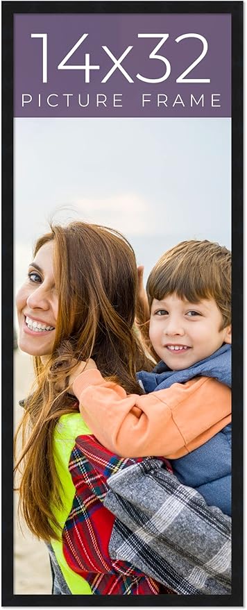 14x32 Frame Black Real Wood Picture Frame Width 0.75 Inches | Interior Frame Depth 0.5 Inches | Noir Classique Mid Century Photo Frame Complete with UV Acrylic, Foam Board Backing & Hanging Hardware