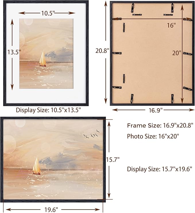 Fun Memories 16x20 Black Oak Wood Picture Frames, Set of 3 with Tempered Glass and Mat for 11x14