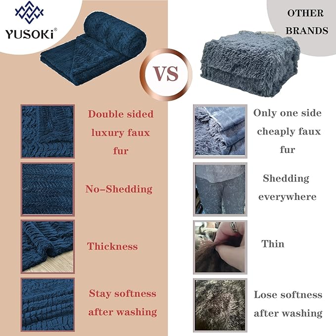 YUSOKI Luxury Faux Fur Twin XL Blanket for Twin XL Bed 2 Layers,5.2lb,All Ages,Home Decoration Without Pillows(Navy Blue,63"x90")