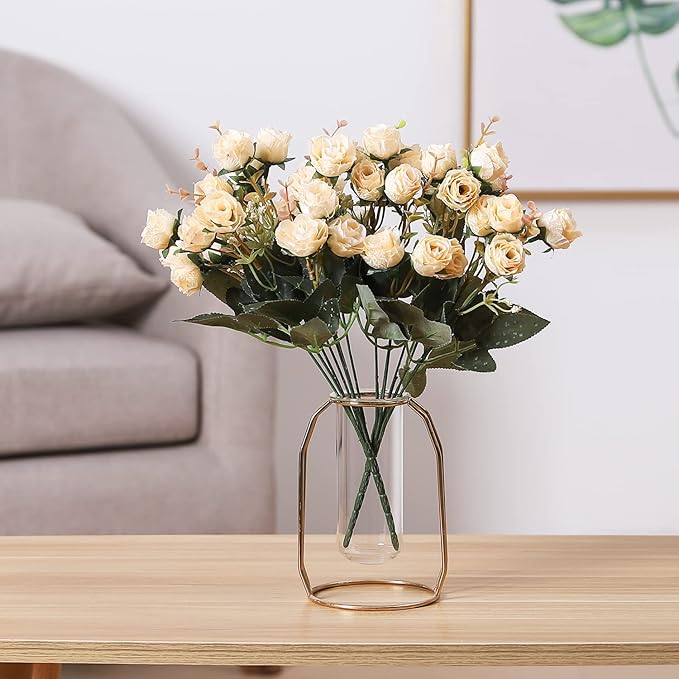 Duovlo 7 Branch 21 Mini Rose Heads Artificial Flowers Bouquet Wedding Home Office Decor,Pack of 2 (2 PCS Champagne)