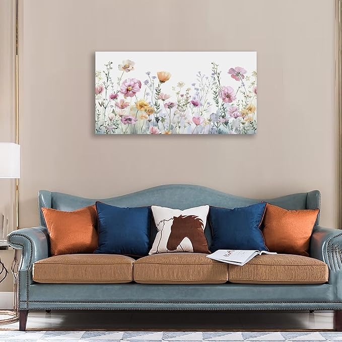 Tucai Decor Floral Wall Art Decor 30 x 58 inches Pink Yellow Purple Flowers Painting Canvas Art for Living Room Bedroom Office Watercolor wildflowers Art Prints Ready to Hang