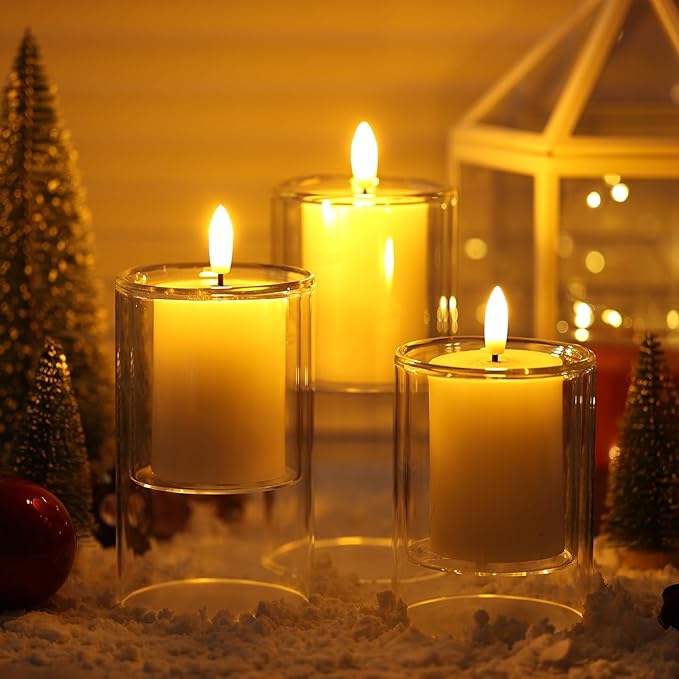 NURADA Flameless Candles with Remote Timer - Glass Real Wax 3D Wick LED Pillar Votive Candle Set Battery Operated Flickering Light for Home Christmas Decoration - White 3 Pack