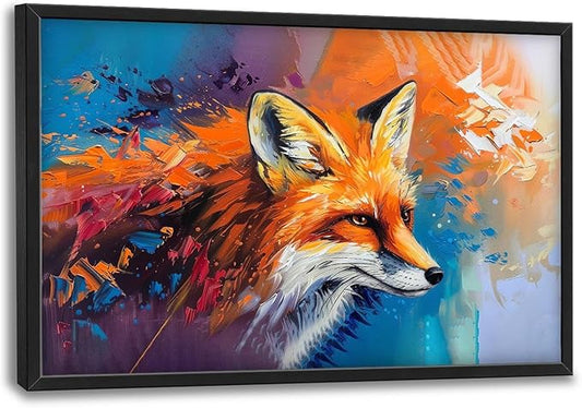 Fox Large Framed Wall Art Abstract Fox Animal Pictures Oversized Wall Decor Graffiti Canvas Print Painting Aesthetic Modern Artwork for Living Room Bedroom Office Bathroom Home Decor 36L x24W