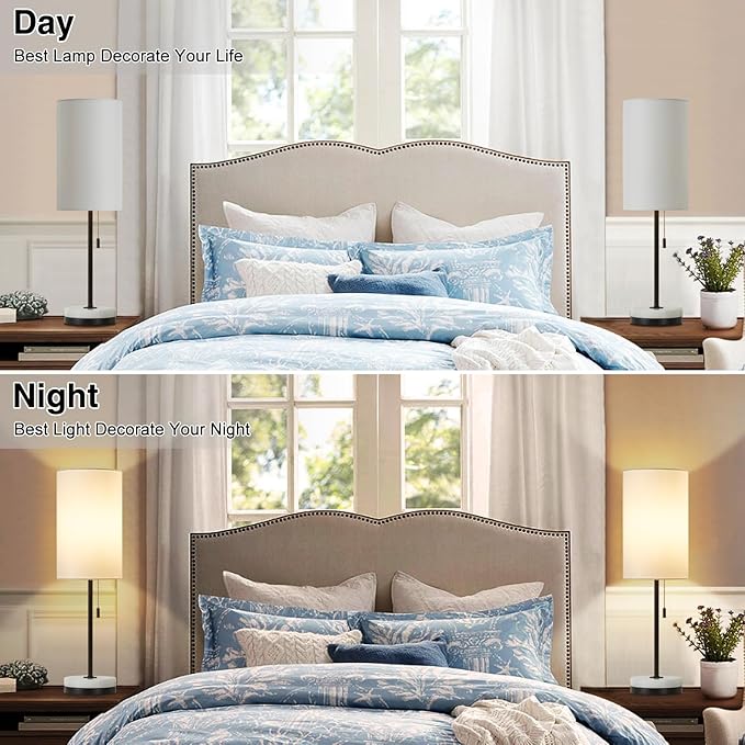Luvkczc Minimalist Table Lamp Set of 2, Nightstand Lamp for Bedroom Living Room, Modern Pull Chain Bedside Lamp with Marble Base, Fabric Shade, Small Desk Lamp for Home, Office, Reading