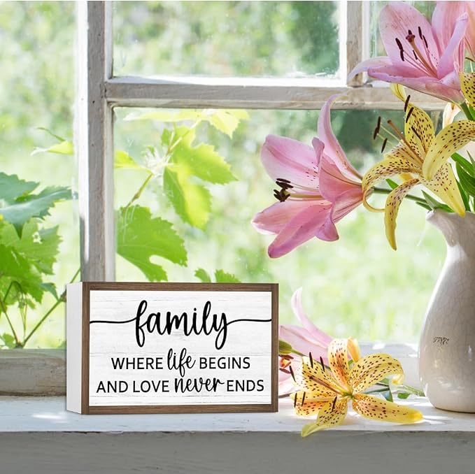Family Where Life Begins and Love Never Ends Wooden Box Sign Desk Decor,Family Saying Wood Block Sign for Home Farmhouse Bedroom Shelf Tabletop Wall Decor