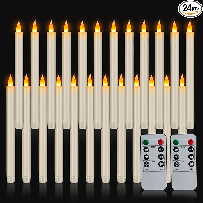 Flameless Taper Candles with Remote, 10" White Battery Operated Led Candlesticks with Flickering 3D Flame, Fake Taper Candles for Christmas Thanksgiving Wedding Home Décor (Ivory, 24 Pack)