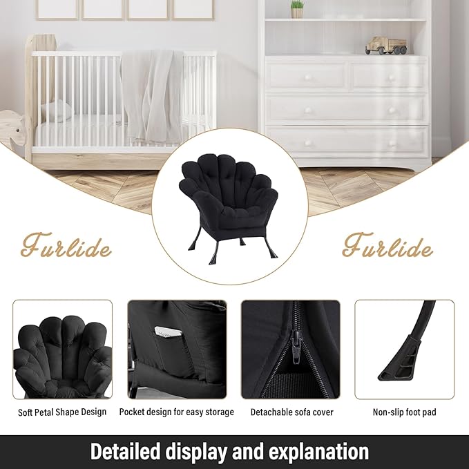 Lazy Chair, Modern Floral Reading Chair with Folding Footrest, Lounge Accent Chair, Comfortable Oversized Armchairs for Bedroom, Living Room, Courtyard, Black