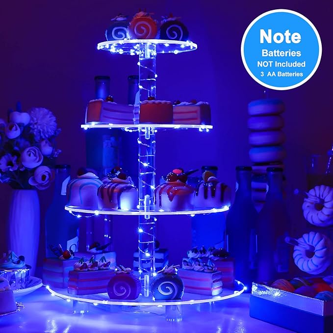 YestBuy 4 Tier Round Cupcake Stand – Premium Cupcake Holder – Acrylic Cupcake Tower Display- Cady Bar Party Décor + LED Light String – Ideal for Weddings, Birthday Parties & Events (Blue)
