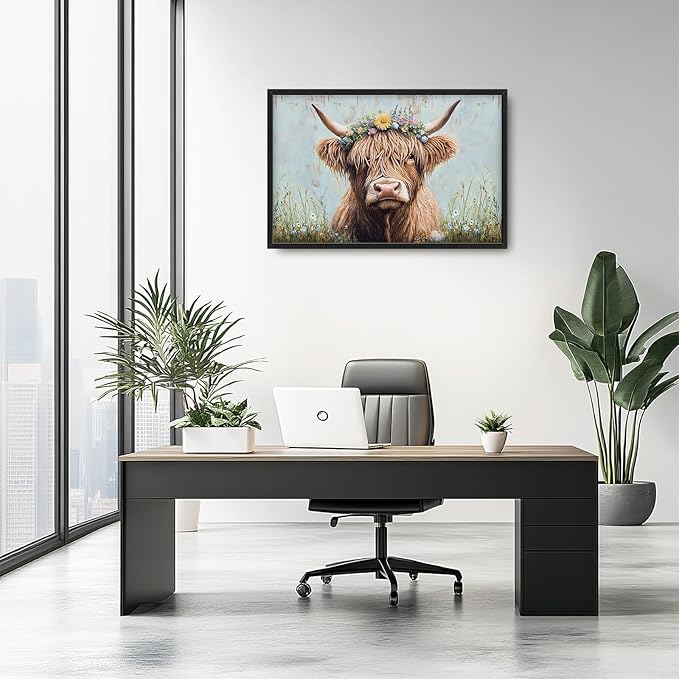 Highland Cow Framed Wall Art for Living Room, Large Cow Canvas Wall Decor, Animal Pictures Painting, Modern Artwork for Bathroom Bedroom Office 36L'' × 24W''