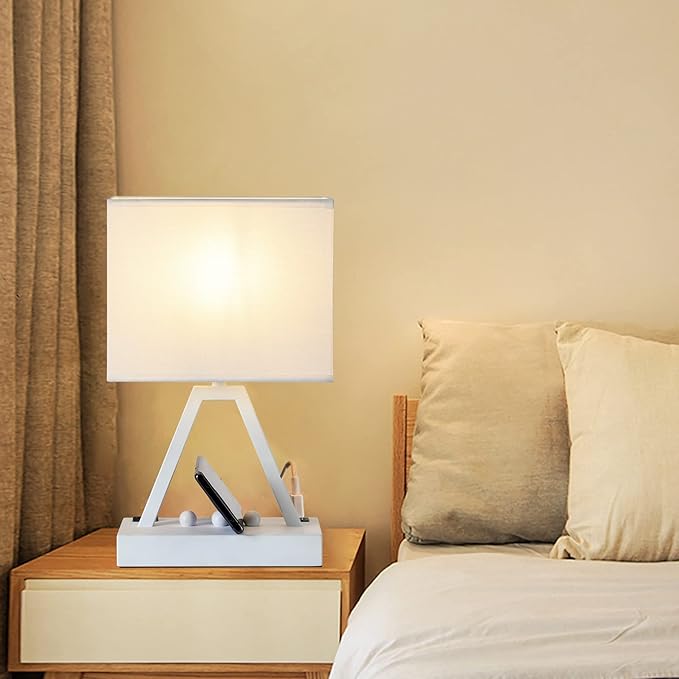 Briever Touch Control Table Lamp, 3-Way Dimmable Desk Lamp with USB C & USB A and AC Outlet, Bedside Lamp with Phone Stands for Bedroom, Living Room, Office, LED Bulb Included, White