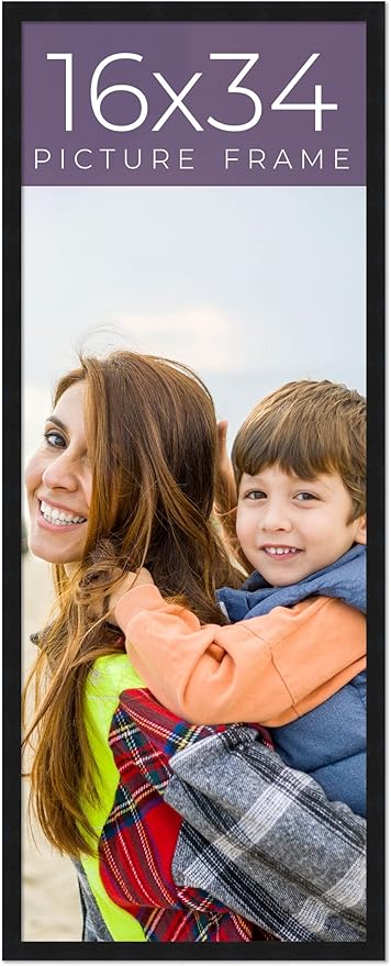 16x34 Frame Black Real Wood Picture Frame Width 0.75 Inches | Interior Frame Depth 0.5 Inches | Noir Classique Mid Century Photo Frame Complete with UV Acrylic, Foam Board Backing & Hanging Hardware