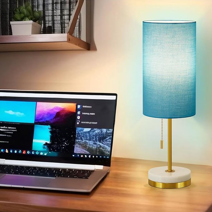 Luvkczc Minimalist Table Lamp Set of 2, Nightstand Lamp for Bedroom Living Room, Modern Pull Chain Bedside Lamp with Marble Base, Fabric Shade, Small Desk Lamp for Home, Office, Reading,Blue