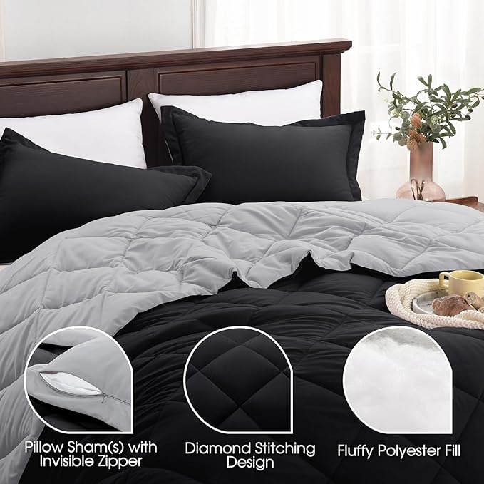 Basic Beyond Queen Comforter Set - Black Comforter Set Queen, Reversible Bed Comforter Queen Set for All Seasons, Black/Grey, 1 Comforter (88"x92") and 2 Pillow Shams (20"x26"+2")