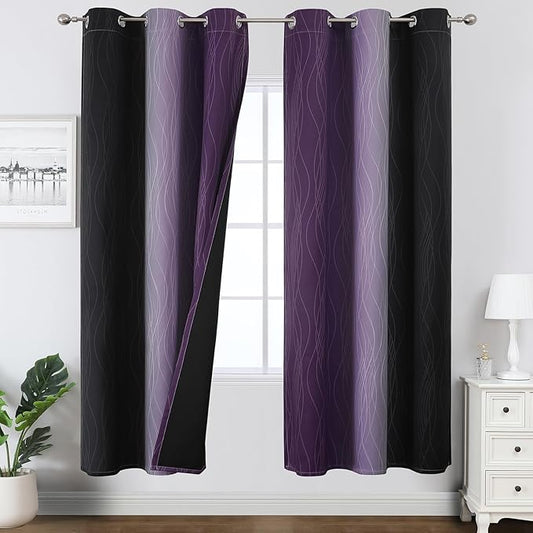 Estelar Textiler Black and Purple Ombre Blackout Curtains for Bedroom, Full Room Darkening Grommet Curtains for Living Room, Thermal Insulated Light Blocking Gradient Drapes, 42Wx72L,2 Panels