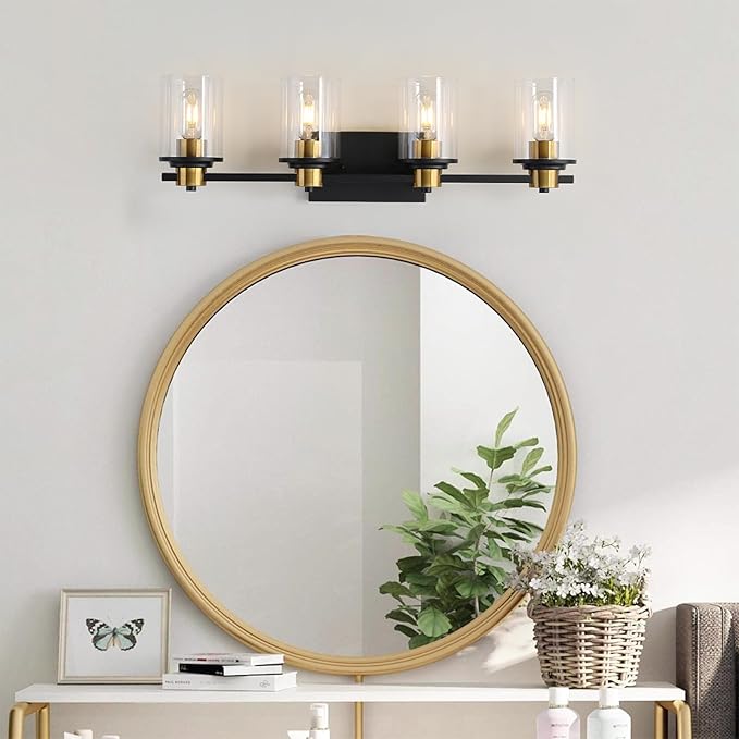 LOUSACE Bathroom Lighting Fixtures Black and Gold 4 Light Bathroom Vanity Light Over Mirror with Clear Glass Shades, Brushed Gold Socket Wall Vanity Lighting Fixtures for Bedroom Living Room