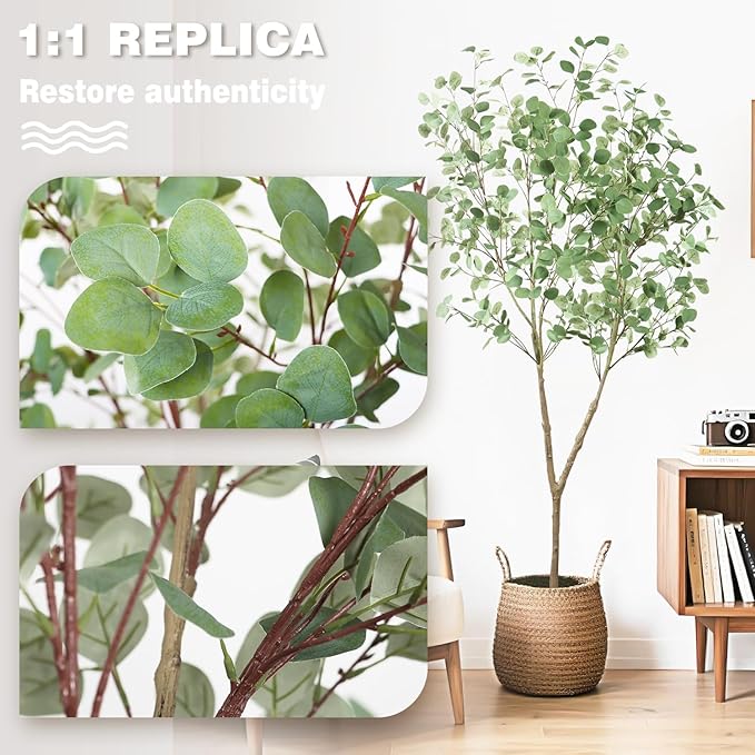 Faux Eucalyptus Tree 7ft(84in) Artificial Potted Tree for Indoor Decor Large Realistic Potted with Silk Leaves and Natural Wood Trunk for Home Living Room,Office Foyer,Porch Decor.