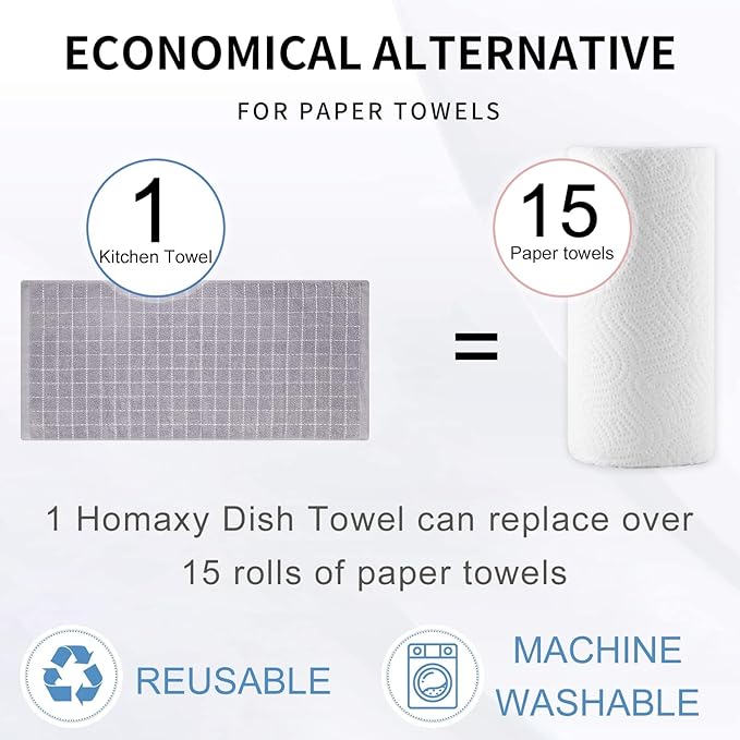 Homaxy 100% Cotton Terry Kitchen Towels(White and Light Grey, 13 x 28 Inches), Checkered Designed, Soft and Super Absorbent Dish Towels, 8 Pack