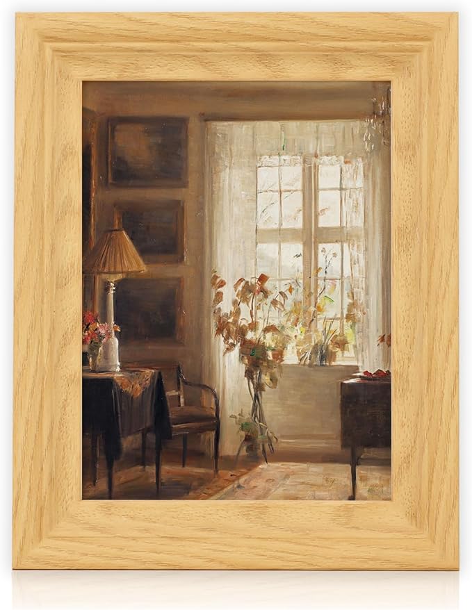 Brivoria Framed Canvas Wall Art Vintage Decor, Scandinavian Home Interior with Sunlit Window, Indoor Plants and Warm Autumn Light for Bedroom Kitchen Bookshelf Office or Tabletop Fall Display, 8"x10"