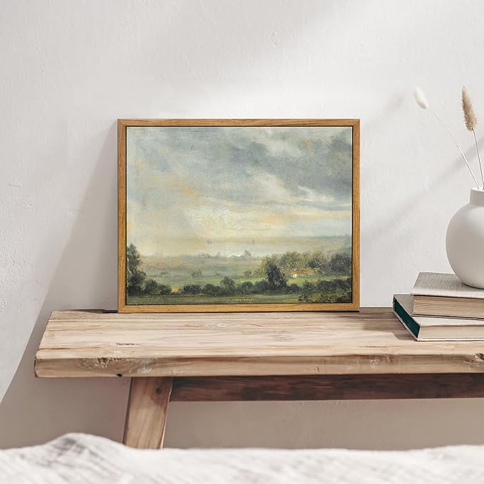 KBKBART Framed Framed Vintage Landscape Wall Art Prints, Retro Green Forest Valley Nature Wilderness Illustrations Canvas Painting, Farmhouse Decor Wall Art Ready To Hang for Bedroom, Living Room,