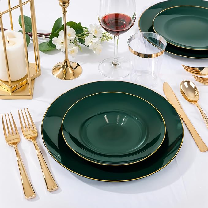 Nervure 100Pcs Green and Gold Plastic Plates - 10.25inch Disposable Green Dinner Plates - Heavy Duty Plastic Plate Ideal for Wedding & Party & Christmas
