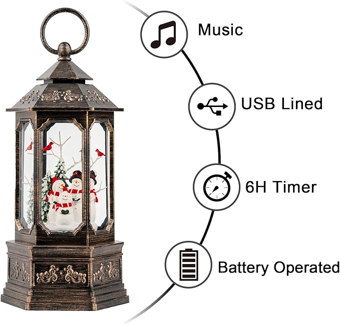 Christmas Snowman Choir Snow Globe Lantern with Swirling Glitter, USB Lined/Battery Operated Lighted Musical Snowman Carolers Water Lantern for Christmas Festival Decoration Gifts