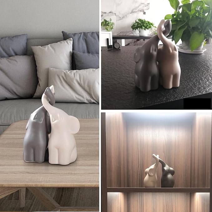 OwMell Set of 2 Loving Elephant Statue Figurine, 6" Elephant Ring Holder, Gifts for Couples Home Lucky Decor - Grey