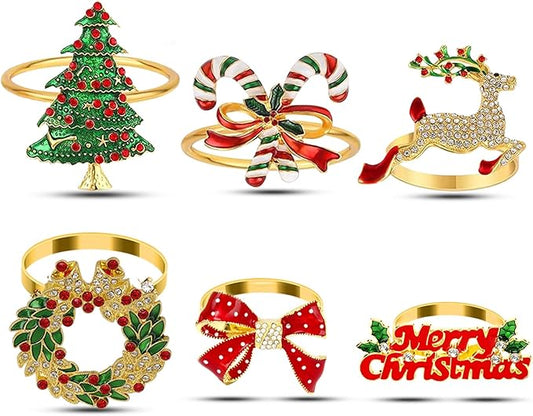 KPOSIYA Christmas Napkin Rings Set of 6, Metal Xmas Napkin Ring Holders for Winter Christmas Holiday Dinner Party Table Decoration