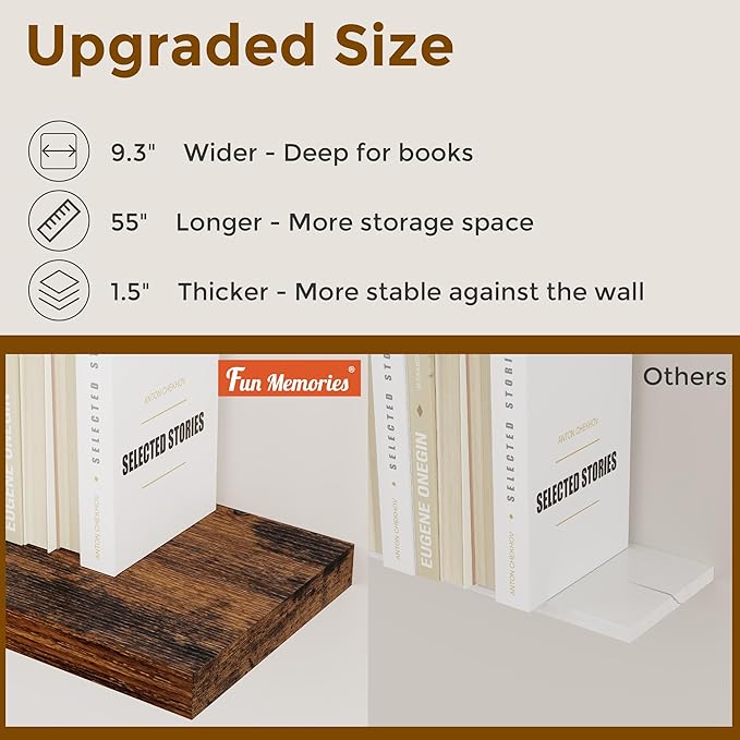 55 Inch Floating Shelves Set of 2, Rustic 55 x 9.3 Floating Shelf for Wall, 9.3 Inch Deep Wall Shelves Invisible Bracket, Large Deep Shelving for Bedroom, Kicten, Living Room, Rustic Brown Color