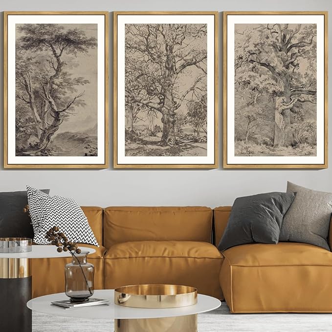 KUVIOKE Boho Vintage Tree Wall Art Framed Neutral Retro Forest Art Prints Antique Rustic Nature Wilderness Paintings Bedroom Hallway Decor 24x36in (Natural Framed)