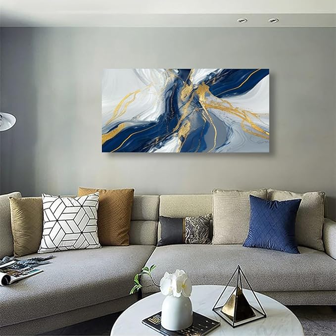 Golden Blue Wall Art Print Oil Paintings Abstract Canvas Wall Art for Living room Office Bedroom Modern Flow of White Golden Blue Pictures Wall Decor Artwork Waterproof Ready to Hang - 20in * 40inch