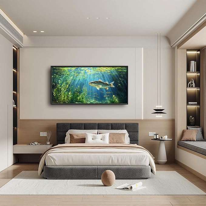 Flintis Large Ocean Fish Framed Wall Art Natural Green Plants Pictures Wall Decor Abstract Fishing Canvas Painting Print Artworks Decor Framed for Living Room Bathroom Master Bedroom 60L X 30W