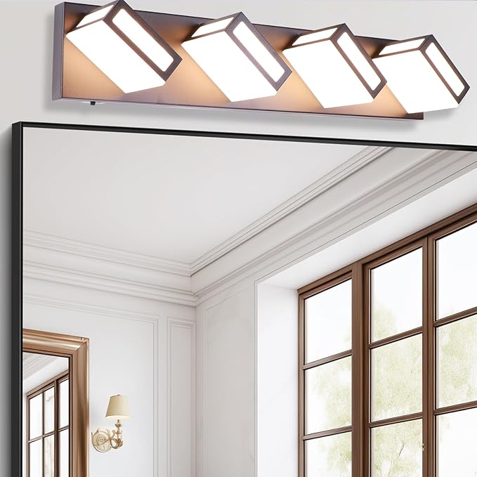 4-Light Bathroom Vanity Light Fixtures,Matte Black Bathroom Wall Lighting Fixtures Over Mirror, Dimmable 5CCT LED Vanity Lights with Acrylic Shades