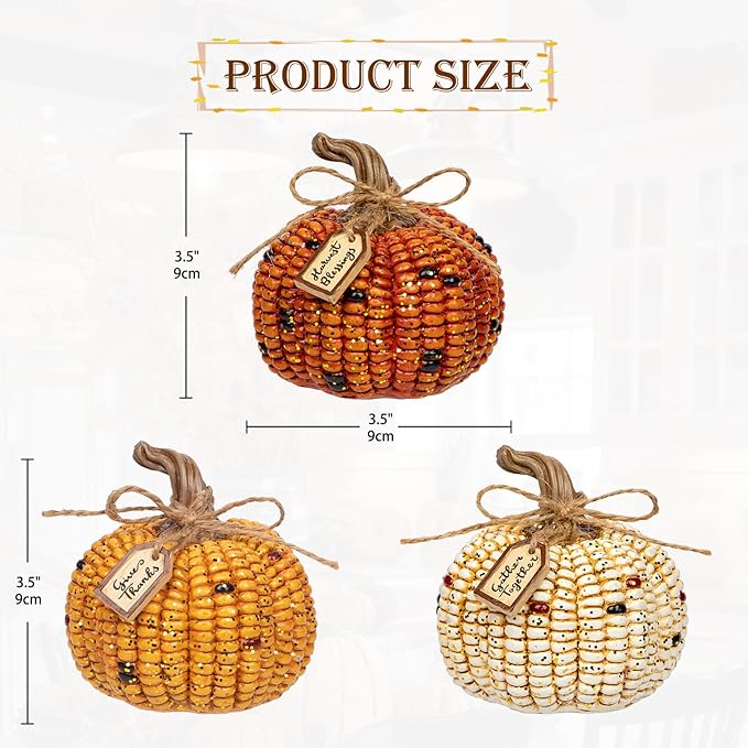 Briful Pumpkins Fall Decoration, 3PCS Decorative Corn Cob Pumpkins Resin Fake Pumpkins Autumn Home Rustic Decor for Thanksgiving Harvest Halloween Table Centerpieces Shelf Indoor Outdoor Porch