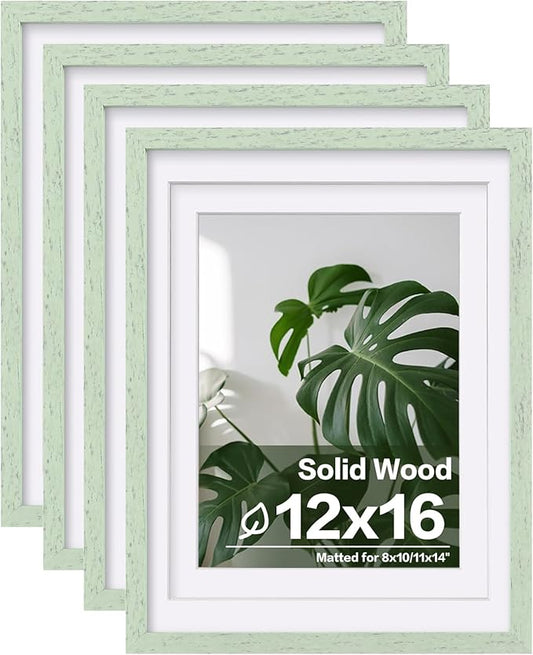Egofine 12x16 Picture Frames Set of 4, Made of Solid Wood Covered by Plexiglass 9x12 and 11x14 with Mat or 12x16 without Mat, for Wall Mounting Photo Frame Rustic Green