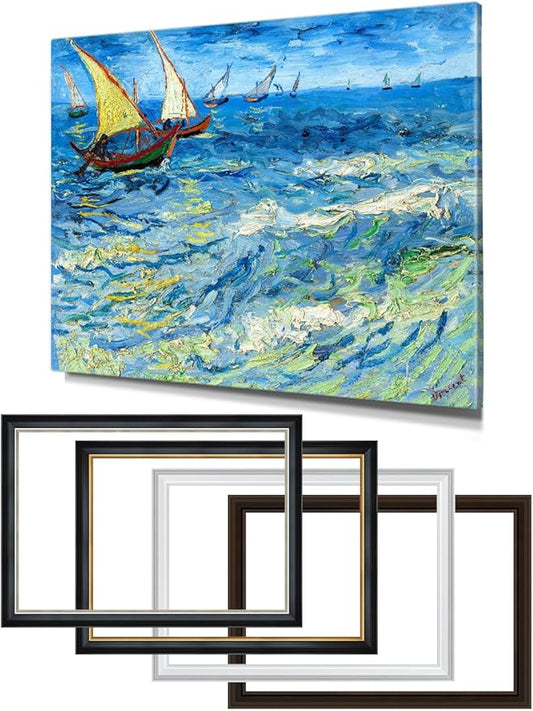 DECORARTS - Fishing Boats at Sea by Vincent Van Gogh, Large Giclee Canvas Print with Solid Wood Frame, Oversized Wall Art Decor