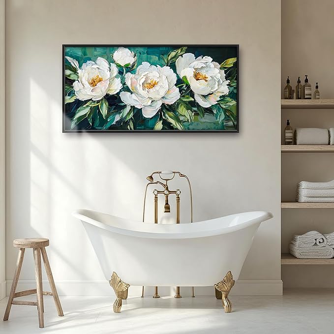 White Flower Large Wall Art for Living Room, Peoney Floral Oversized Wall Decor Pictures, Rustic Framed Canvas Print Painting, Modern Artwork for Bedroom Office Home Decor 60"x30"