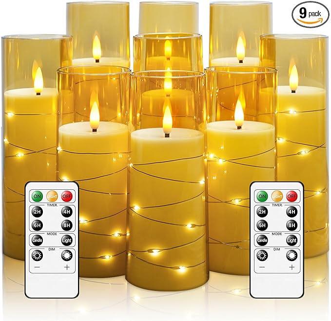 Flameless LED Candles with Timer 9 Pc Flickering Flameless Candles for Romantic Ambiance and Home Decoration Stable Acrylic Shell,with Embedded Star String，Battery Operated Candles（Gold）