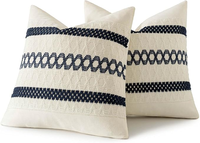 MIULEE Set of 2 Navy Blue Boho Decorative Pillow Covers 20x20 Inch Farmhouse Rustic Couch Throw Pillows Modern Spring Cotton Cushion Covers Retro Cute Macrame Woven Home Decor for Bed Sofa Chair