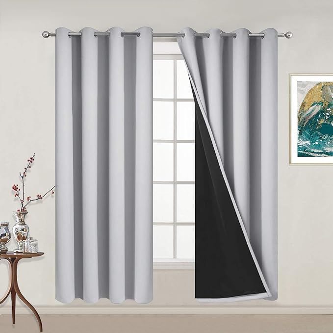 Yakamok 100% Blackout Lined Panels, Thermal Insulated Blackout Curtains for Bedroom, Heat Blocking Drapes for Living Room(52Wx63L, Light Grey, 2 Panels)